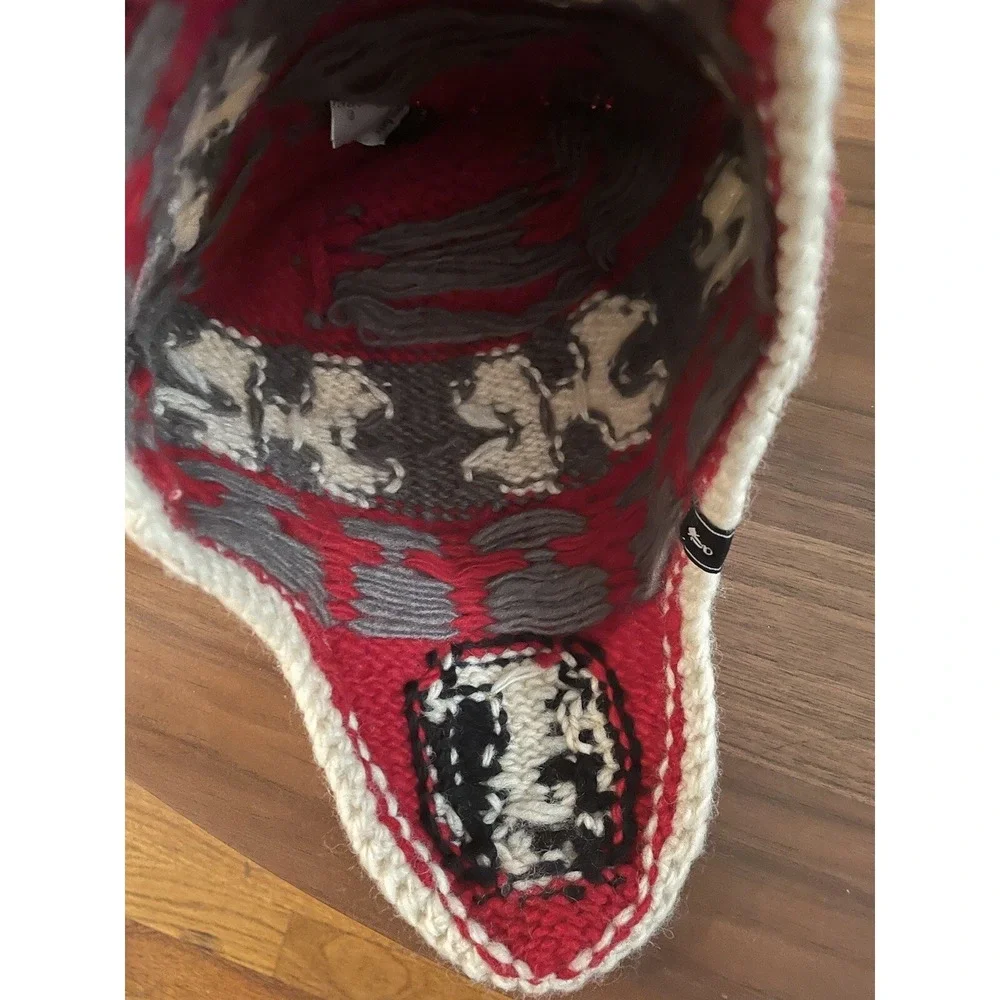 Red And Gray Wool Knit Skull Ear Flap Hat By Grace Hats‎ OS Beanie